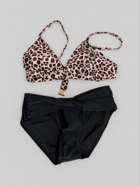 Leopard‎ Print Triangle Bikini Top with Black High-Waist Bottoms
